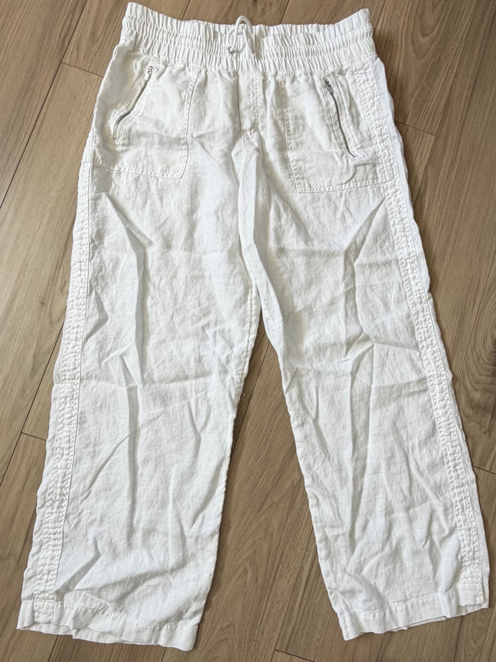 Athleta Cabo White Elastic Waist Linen Wide Leg Pants Drawstring Sz 14